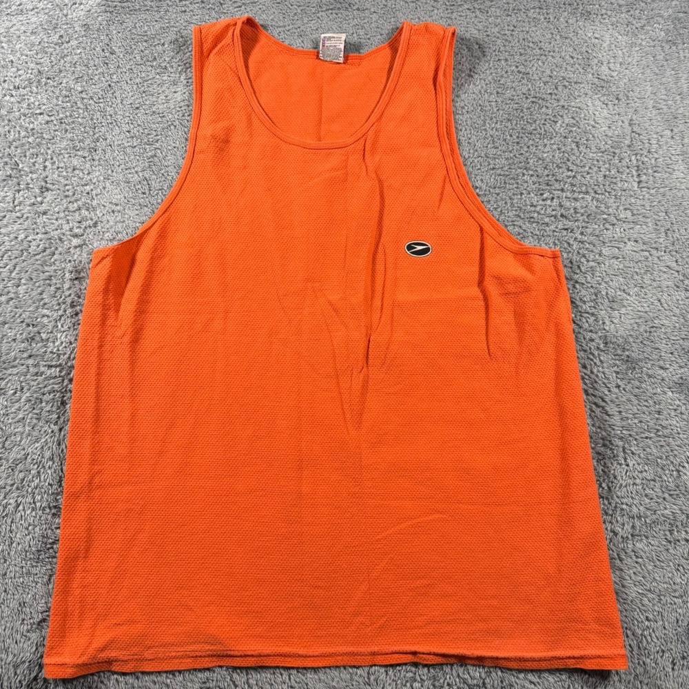 Vintage Speedo Tank Top Mens XL Orange Waffle Mesh Spell Out Logo‎ USA made 1998